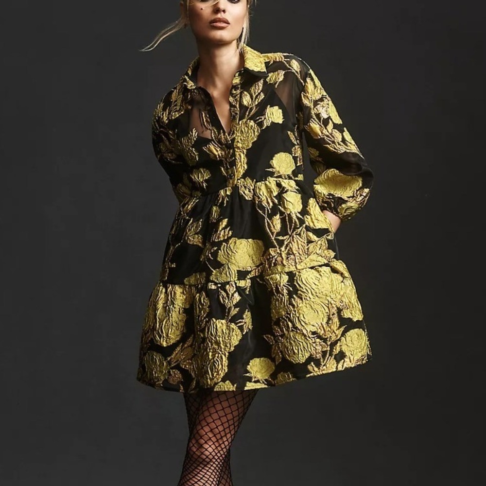 Anthropologie Bettina Jacquard Tiered Mini Shirt Dress Black Gold Floral Medium